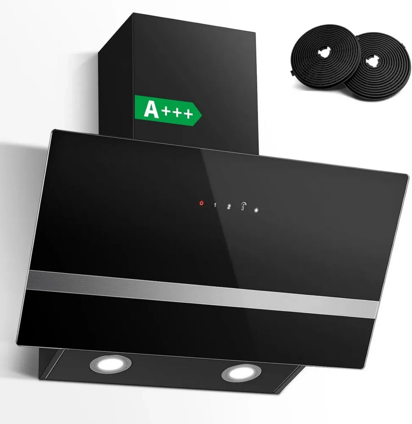 Hotte Aspirante Inclinée 60 cm en Verre Trempé, Efficacité A+++, 450 m³/h, 3 Vitesses avec LED