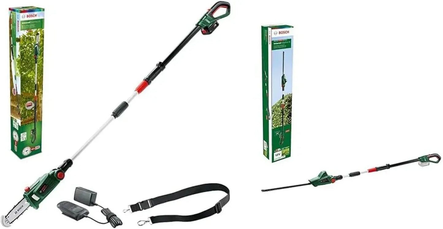 Ensemble Bosch sans fil : Tronçonneuse sur perche et Taille-haies télescopique Universal 18V
