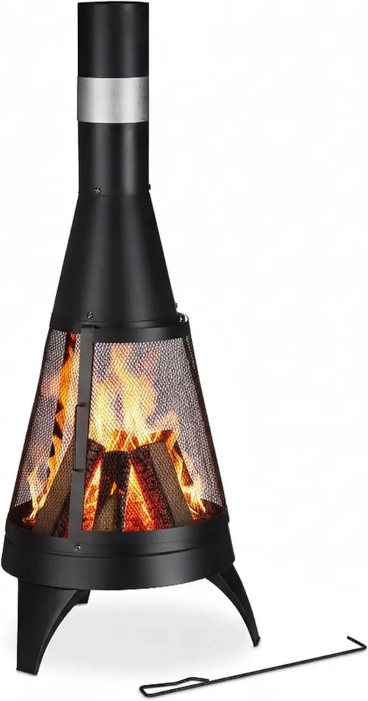 Cheminée de Jardin Relaxdays avec Pare-étincelle, Grille et Tisonnier, 120 x 47 cm, Noir