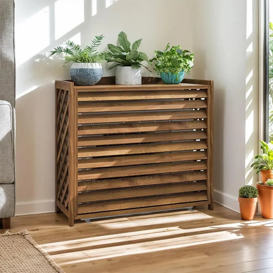 Enceinte de Climatiseur en Bois avec Étagère pour Plantes, Cache Extérieur pour Pompe à Chaleur, Balcon, Grand Format (100x44x93cm)