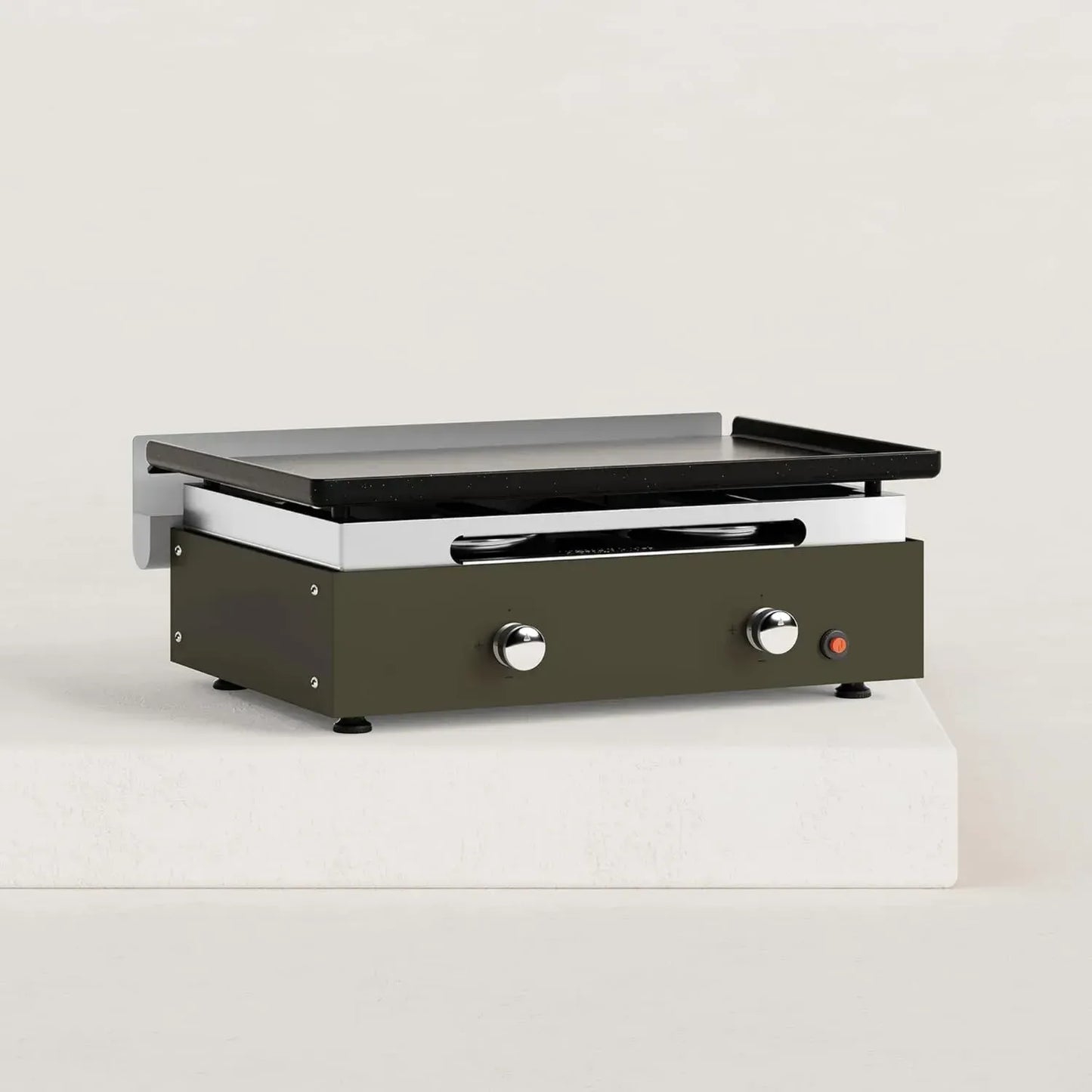 Plancha à gaz 2 brûleurs, acier émaillé haute qualité, plaque 60x40 cm, 7,2 kW, couleur vert olive