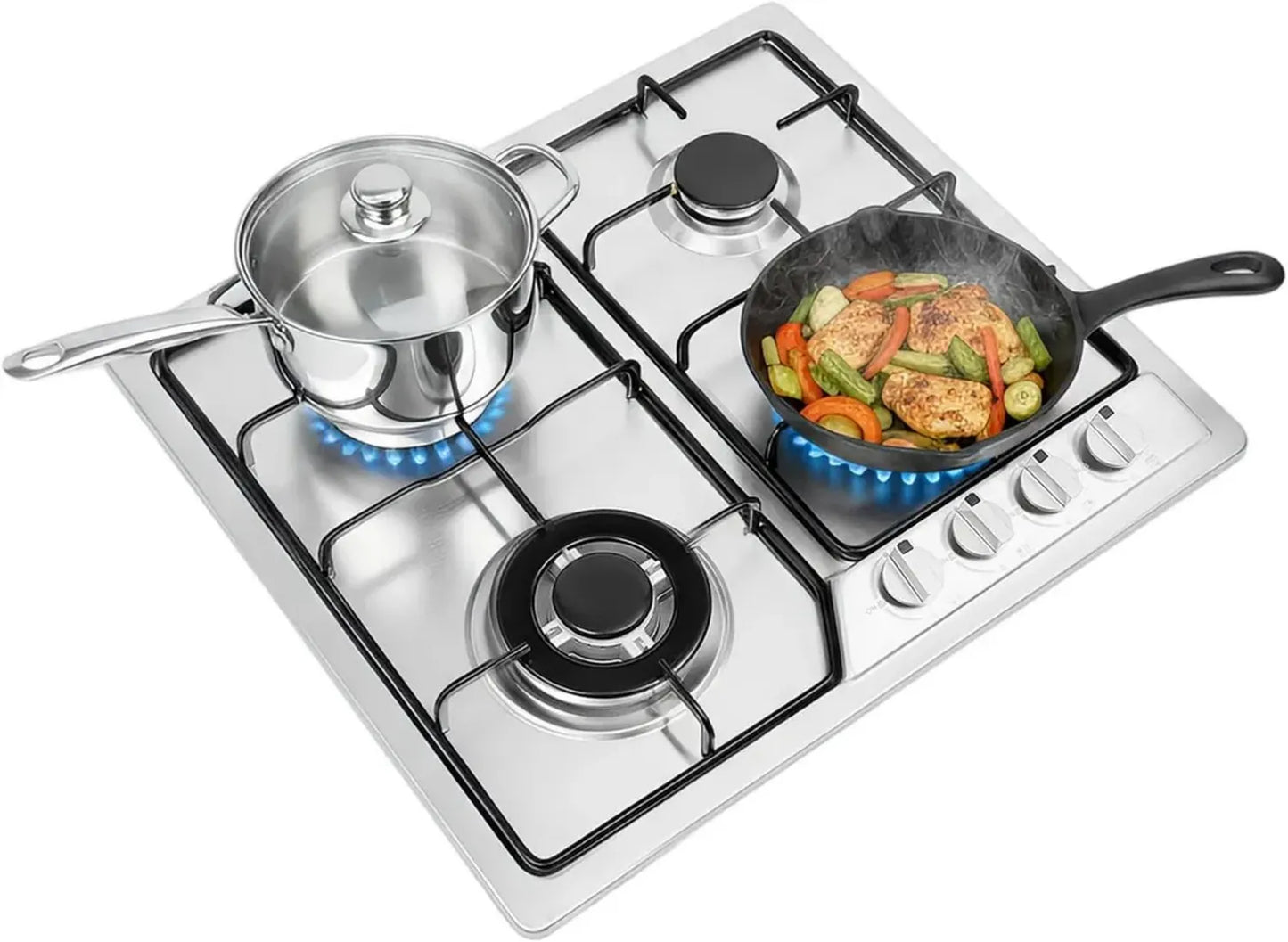 Table de cuisson à gaz encastrable 4 feux, acier inoxydable, compatible gaz naturel et butane, supports en fonte, 550x470 mm, argent